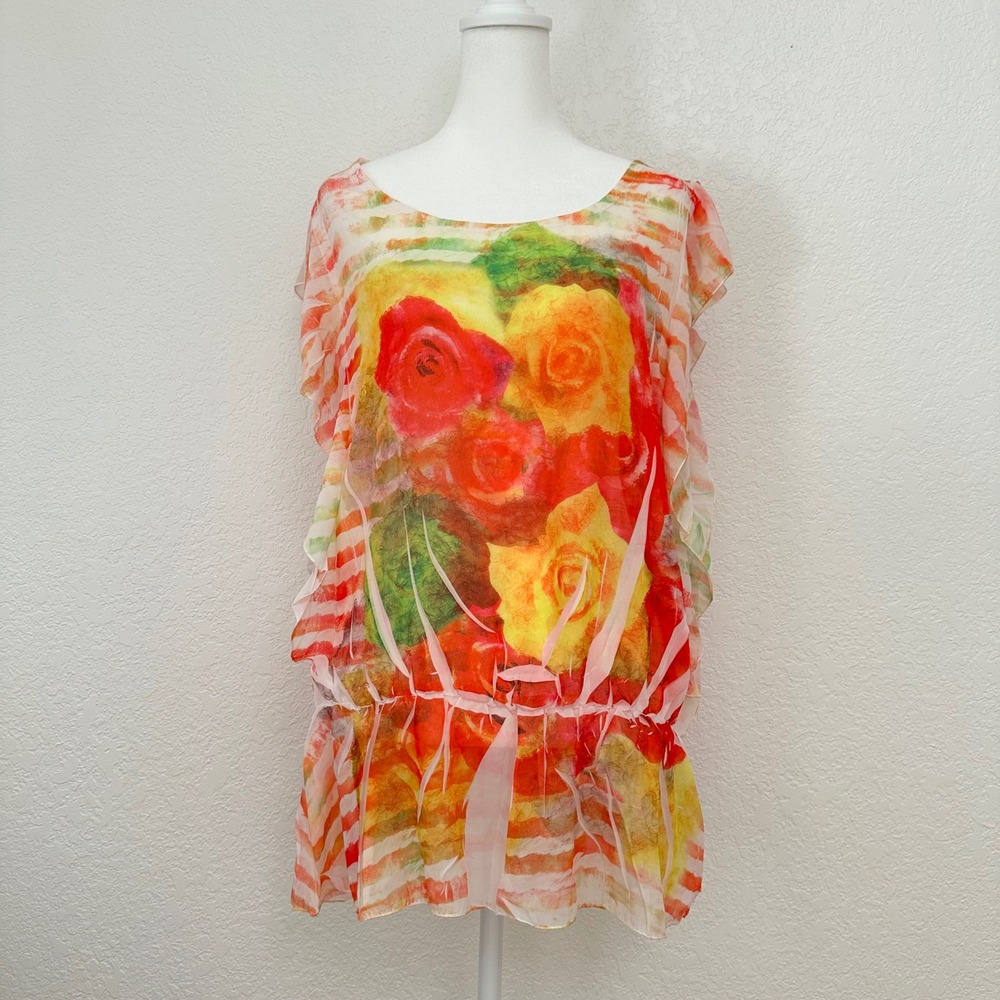 Simply Irresistible Tunic Top Womens Large Orange Floral Ruffle Drop Waist